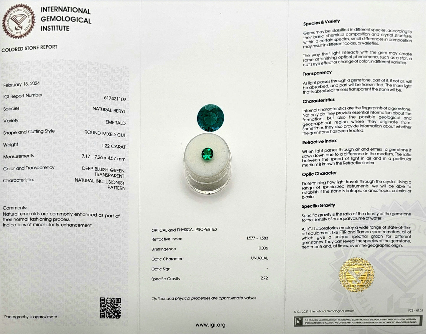 Emeraude colombienne 1.22 carat qualité extra fine