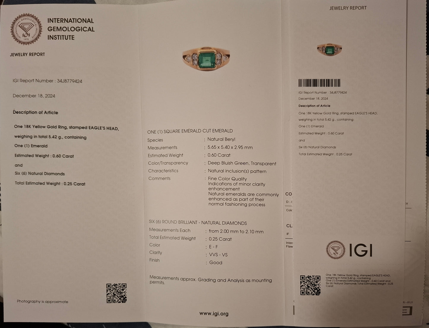 Bague Or 18k Emeraude Colombienne top Qualité certificat IGI
