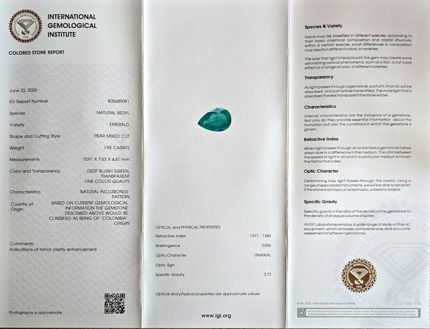 Emeraude colombienne poire 1.93carat