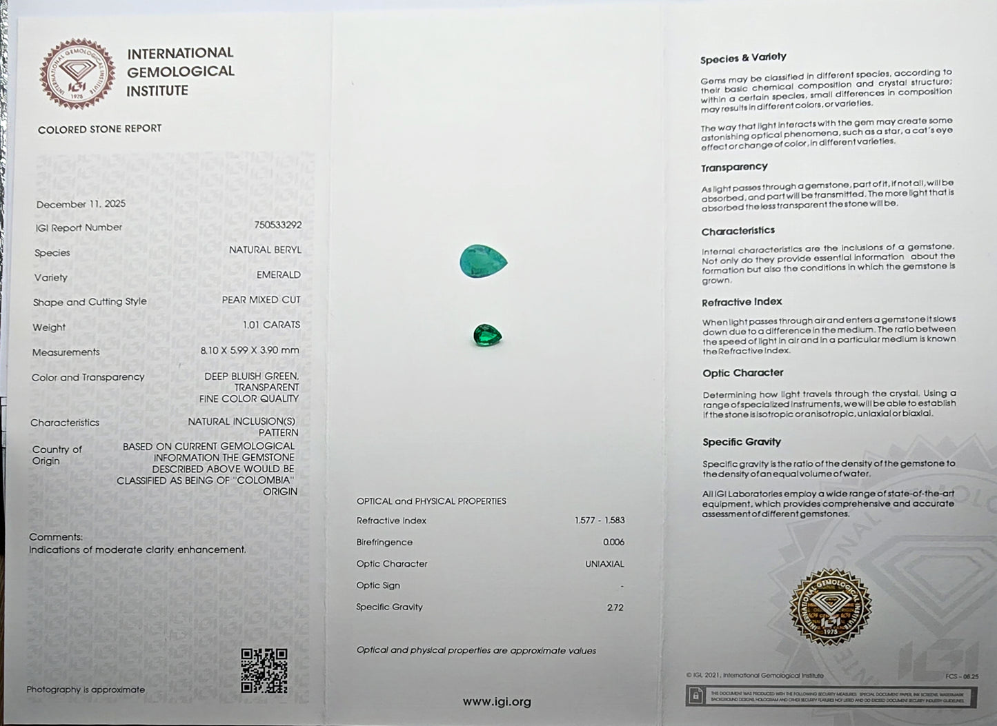 Emeraude colombienne 1.03carat top color