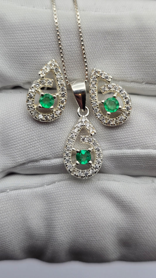 Collier+ Boucles d'oreille argent 925 emeraudes colombiennes naturelles