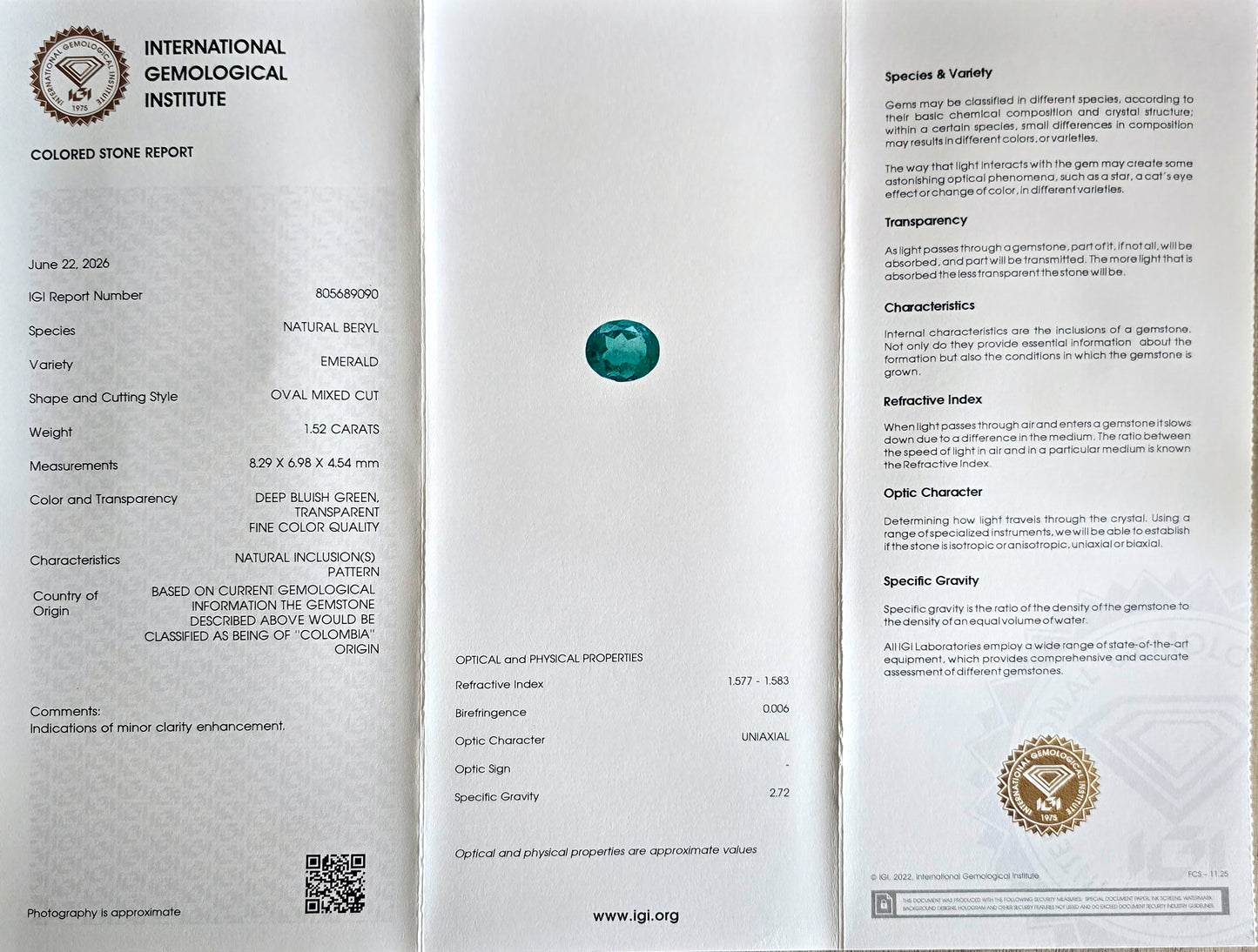 Emeraude colombienne ovale 1.52 carat